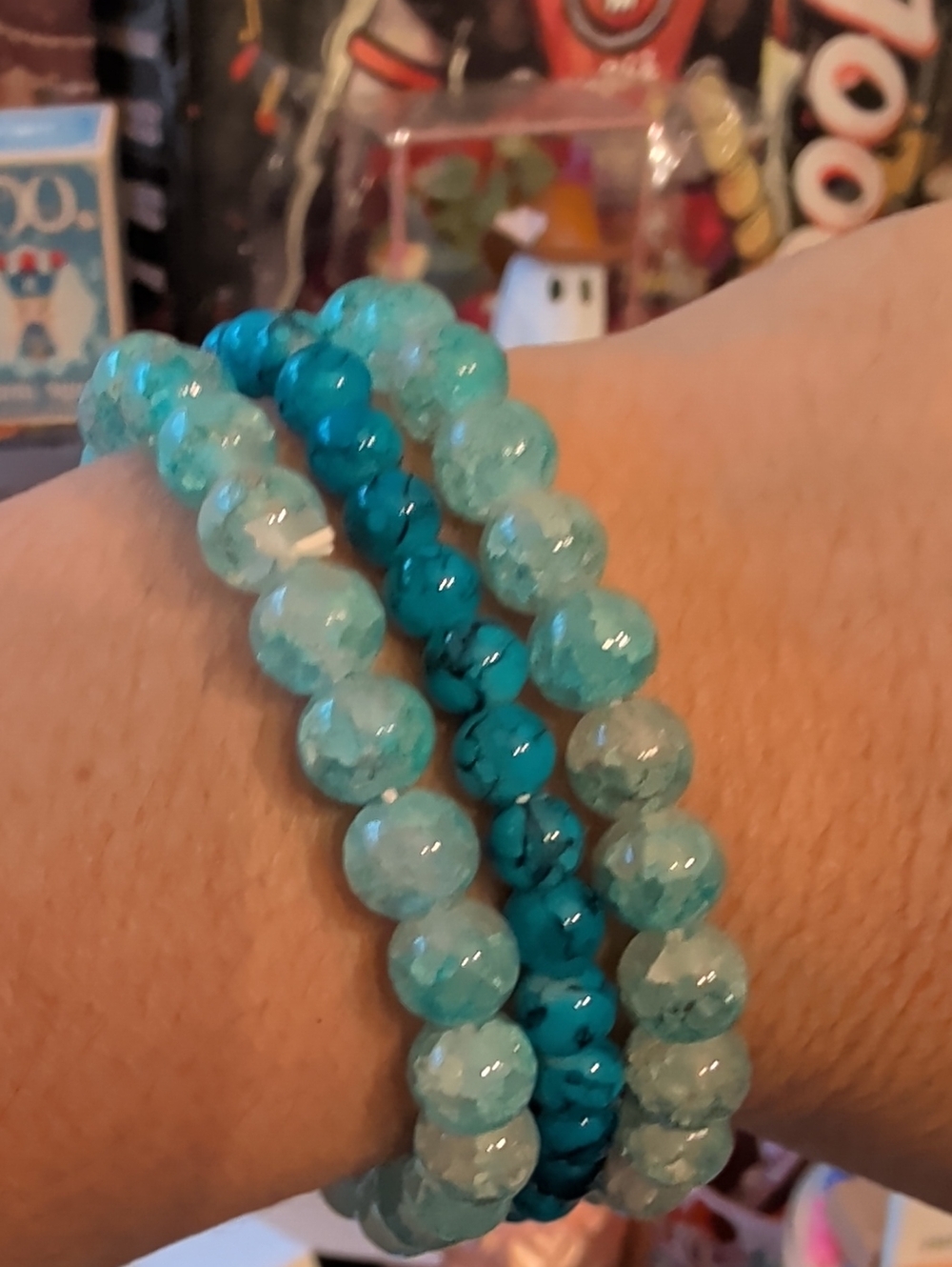 3 Turquoise Beaded Stretch Bracelet Stack - Women Jewelry
